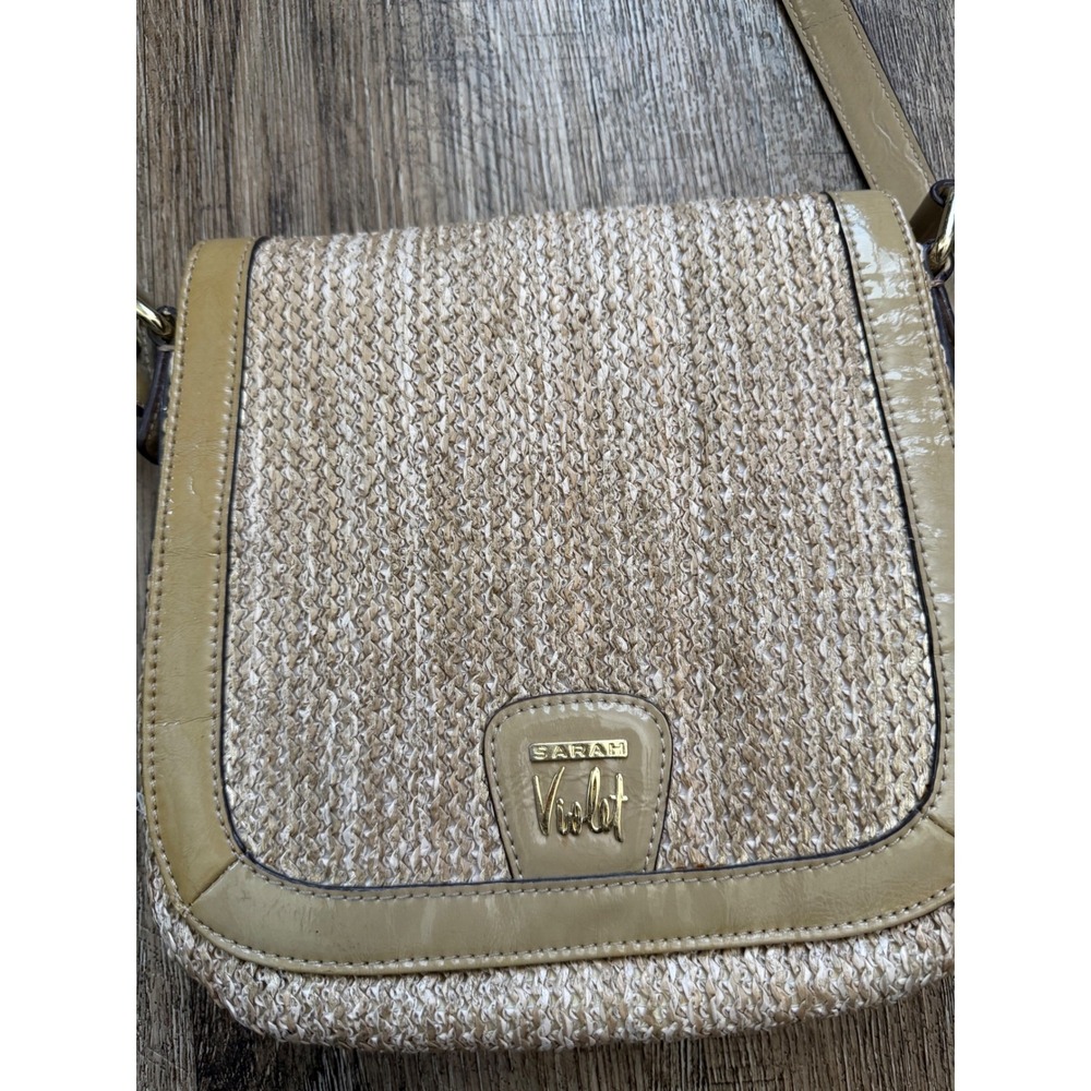 Sarah Violet Straw Woven Crossbody Bag Tan Patent Trim Small Summer Purse‎ - Picture 4 of 16